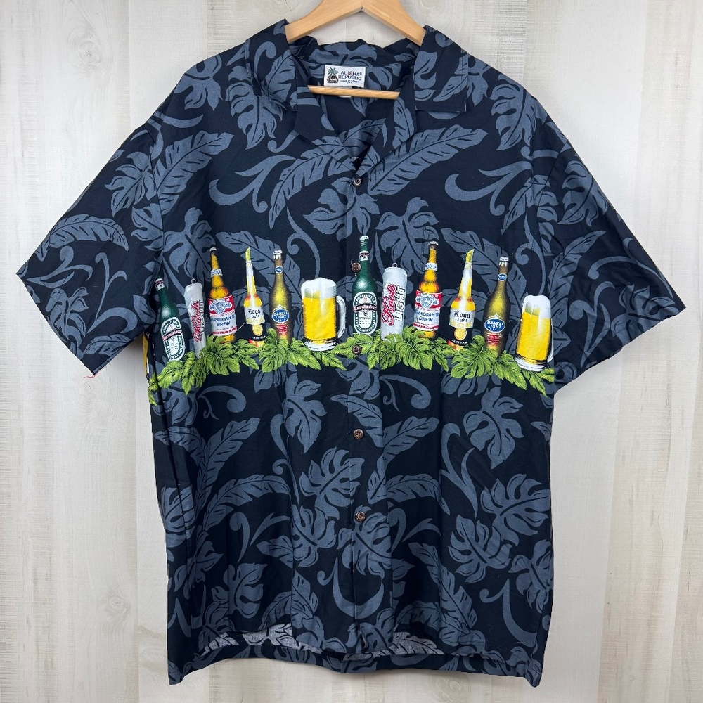 VTG Aloha Republic Men’s Hawaiian Shirt Black Gray Beer Bottles Made in USA XL